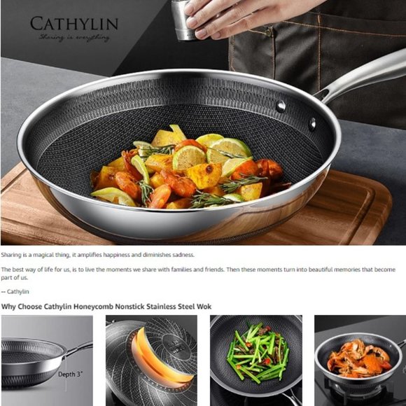 CATHYLIN:  12.5"/ 1 QT -  Nonstick Stainless Steel Wok Pan with Lid - Picture 13 of 13